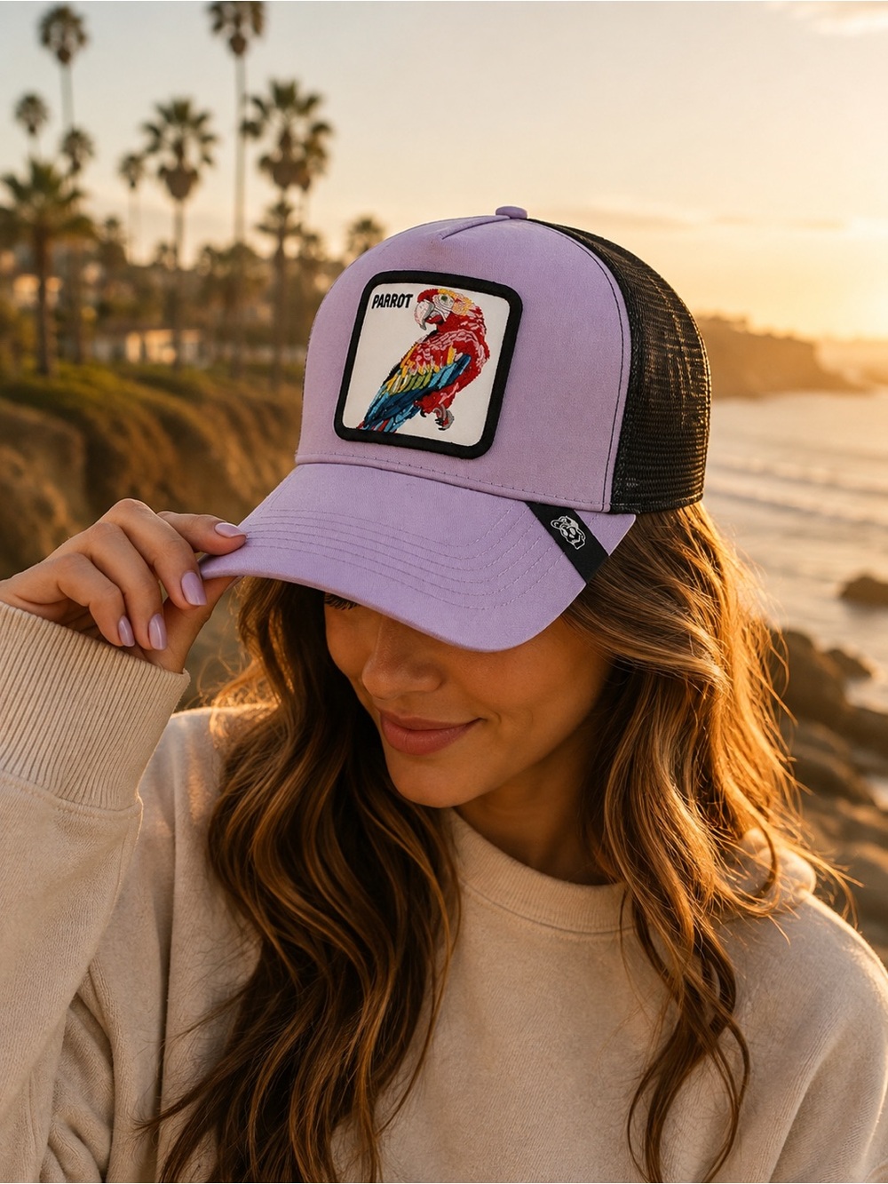 Parrot Lavender and Black Mesh Trucker Hat with Colorful Parrot Patch